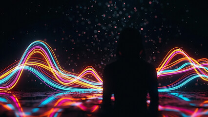 Silhouette figure with vibrant neon waves and bokeh lights in a dark abstract landscape scene