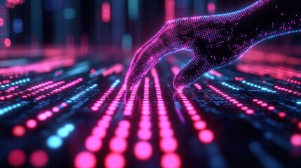 Digital hand interacts with glowing grid