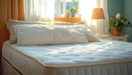 Sunlit cozy bedroom with neatly made bed featuring white mattress and pillows beside lamp and potted plants near window curtains