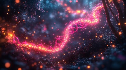 DNA strand glows in a mystical forest