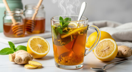 Hot ginger lemon honey tea in glass mug with fresh mint and rising steam on kitchen table, surrounded by sliced citrus, ginger root pieces and honey jars for cozy wellness drink