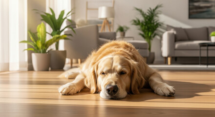 Relaxed golden retriever dog lying on warm wooden floor in bright cozy living room, sunlight streaming through window, peaceful home atmosphere with green indoor plants