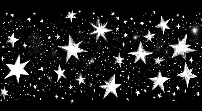 Black and white illustration of various sizes of stylized stars scattered across a dark background creating a dynamic celestial pattern with a sense of wonder and space