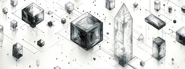 Intricate three-dimensional geometric shapes including cubes and pyramids interconnected by fine lines on a white background, evoking a sense of complex structure and futuristic design