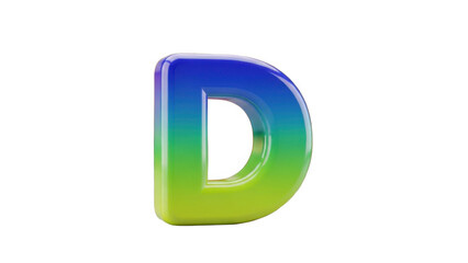 A vibrant three dimensional letter d with a smooth gradient of blue and green colors isolated on transparent background
