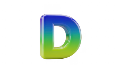A vibrant three dimensional letter d with a smooth gradient of blue and green colors isolated on transparent background