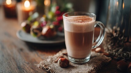 Chai Latte Sits on a Wooden Table in an Autumn Cafe With a Cozy Background and Soft Lights Creating a Warm Atmosphere During the Fall Season
