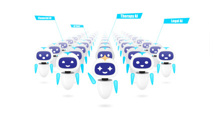 Vector illustration of AI agents army concept. Digital artificial intelligence bots network. Future technology workforce and automation system.