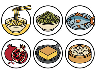 Diverse Food Icons in Circular Frames.
