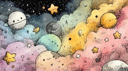 Playful doodle of planets, moons, and stars in a soft pastel galaxy, drawn with black ink outlines and watercolor texture, imaginative handmade art with a dreamy, childlike cosmic theme.