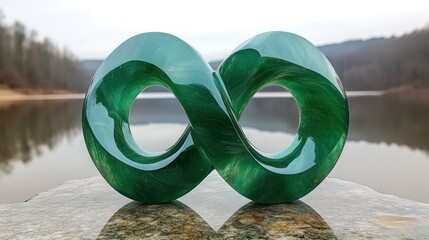 Emerald infinity symbol on a stone, tranquil lake backdrop