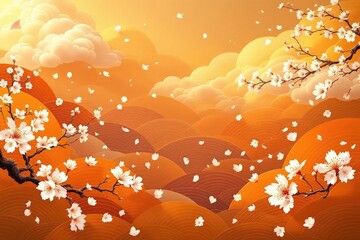 Stylized floral and landscape composition