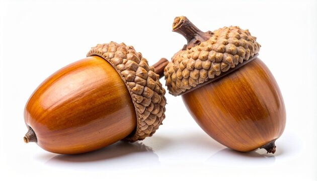 Two fresh brown acorns with caps, isolated on a white background, close-up studio shot, autumn nature symbol - Powered by Adobe