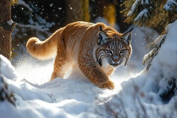 wild bobcat cautiously prowling through snow-covered forest with focused intense gaze and soft light highlighting snowy environment