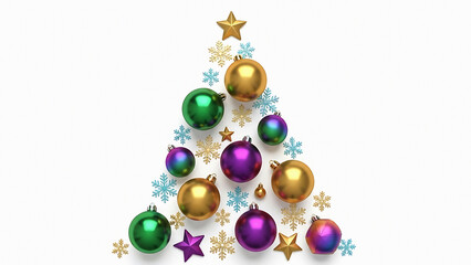 Christmas tree shape made with ornaments snowflakes and stars on a white background festive holiday