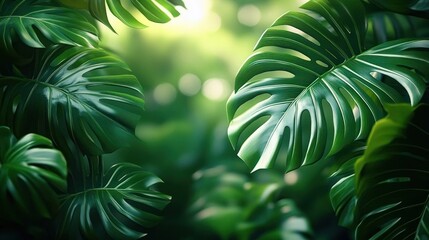 Close-up of vibrant green monstera leaves with sunlight softly filtering through, creating a refreshing and serene natural atmosphere