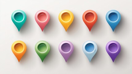 Set of modern map pin icons and location markers, flat vector illustration of gps pins and navigation symbols on a clean white background for digital maps and mobile app design
