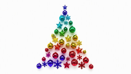 Christmas tree shape made of colorful ornaments stars and snowflakes on a white background surface