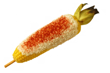 Elote street corn with creamy sauce, cotija cheese, and chili powder on a stick, offering delicious mexican snack
