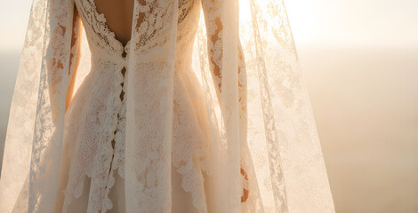 Bride from behind wearing an intricate lace wedding gown with an open back and long veil, illuminated by the soft golden light of a sunset.