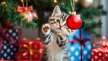Obraz premium Adorable tabby kitten playing with a red christmas ornament hanging on a christmas tree with gift boxes