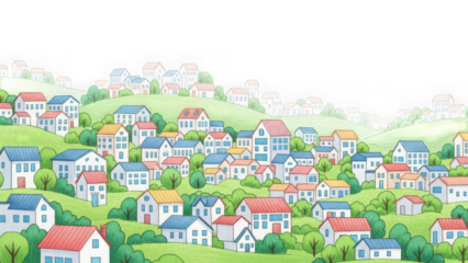 Watercolor hand-drawn illustration of a vibrant suburban townscape on rolling green hills