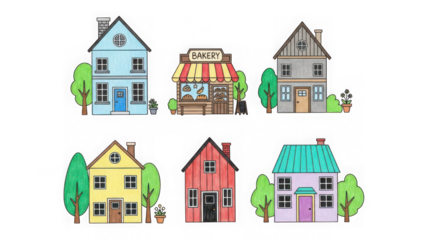 Colorful hand-drawn cartoon houses and a bakery shop with trees, isolated illustration set