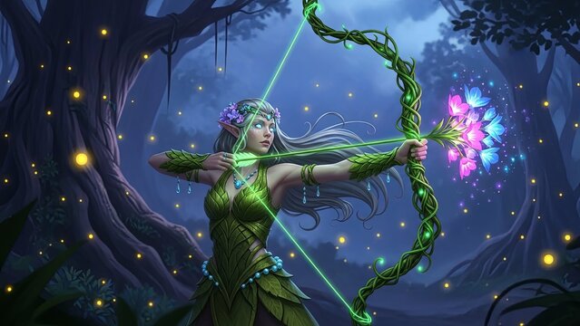 Enchanting Elf Archer in a Magical Forest with Glowing Flora and Fireflies.
