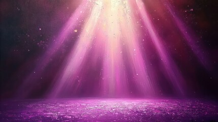 Radiant purple and pink light beams shining down on a textured sparkling surface creating a mystical and ethereal atmosphere
