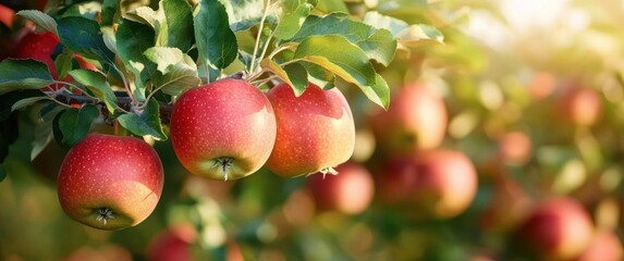 Ripe red apples hanging from lush green branches in a sunlit orchard with a warm, inviting glow