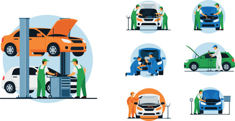 Set of car repair workshop illustrations with mechanics inspecting engines lifting vehicles and performing auto service in detailed vector design