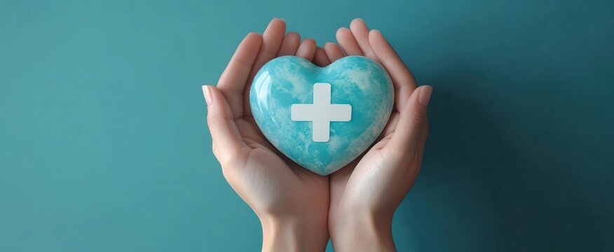 Two hands gently holding a blue heart-shaped object with a white medical cross symbol on it against a teal background, representing care and health support