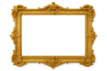 Ornate gold baroque picture frame with intricate carving and filigree detail, empty frame with transparent background