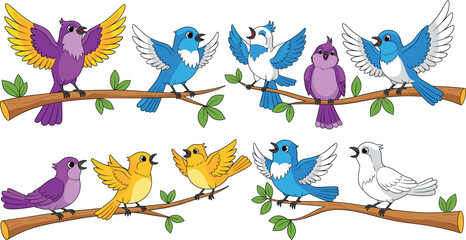 Fototapeta premium Set of colorful singing birds on tree branches with playful poses and cheerful expressions in cute cartoon vector illustration