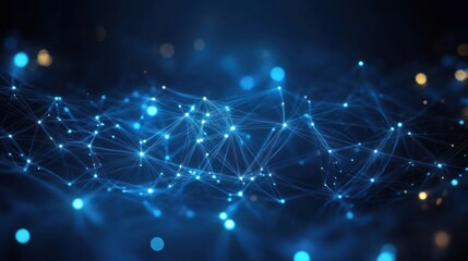 Abstract digital network of interconnected glowing blue nodes and lines on a dark background conveying technology and connectivity