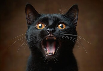 Close-up of a black cat with wide open mouth showing sharp teeth and bright amber eyes expressing surprise or excitement