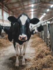 Cow Stands in Barn Eating Hay on Dairy Farm During Afternoon Hours in an Agricultural Setting