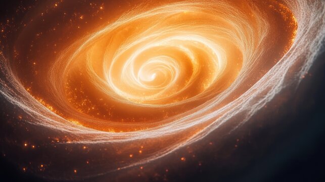 Spiral swirl of glowing orange and white light resembling a cosmic or galactic formation with luminous particles and radiant energy - Powered by Adobe