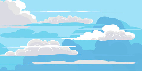 Illustration of a blue sky with white clouds in a flat style. Blue sky background and white clouds. Cartoon sky