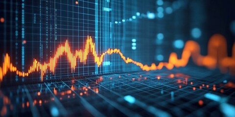 3d digital stock market chart with glowing orange fluctuating line graph on blue grid background representing financial data trends and analysis
