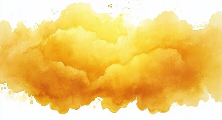 Abstract vibrant yellow and orange watercolor splash with soft cloud-like shapes and gradient blending on white background
