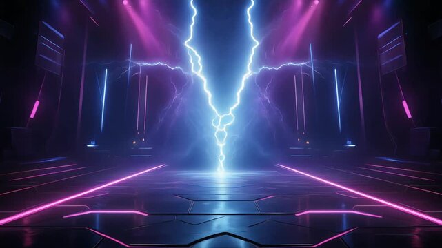 Electrified concert stage with neon lightning effects bursting from the ground 