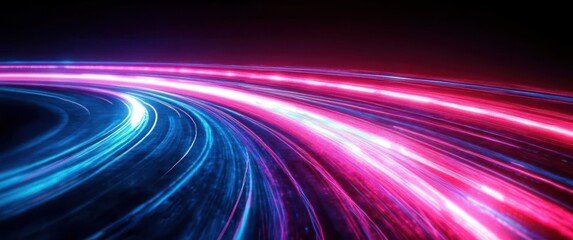 Curved trails of glowing neon blue and pink light streaking across a dark background creating a dynamic and futuristic visual effect