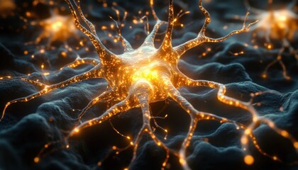 Close-up view of glowing neural cells with bright orange synapses spreading over a dark textured surface conveying neural activity and communication