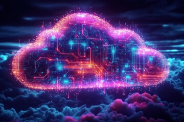 Glowing digital cloud shaped circuit with neon lights floating above dark clouds in a futuristic virtual environment
