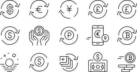 Currency exchange and cryptocurrency icons set