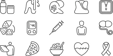Diabetes disease symptoms treatment icons set