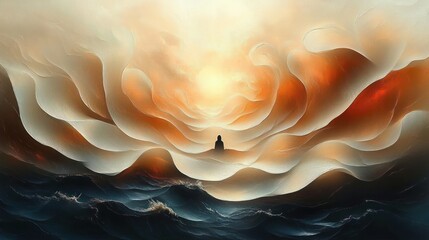 Silhouette of a person meditating or sitting calmly amid surreal swirling waves and glowing warm clouds symbolizing peace and inner tranquility