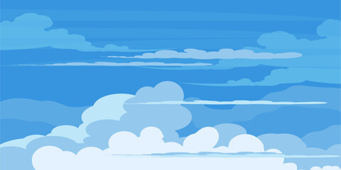 Illustration of a blue sky with white clouds in a flat style. Blue sky background and white clouds. Cartoon sky	