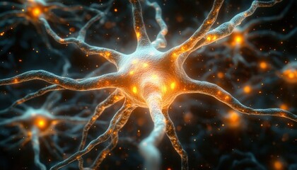Close-up view of glowing neurons with branching dendrites transmitting electrical signals in a dark neural network environment